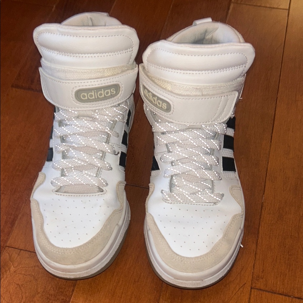 Adidas White and Black High-Tops with Beige Accents